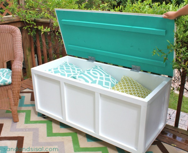 A white and teal outdoor storage box.