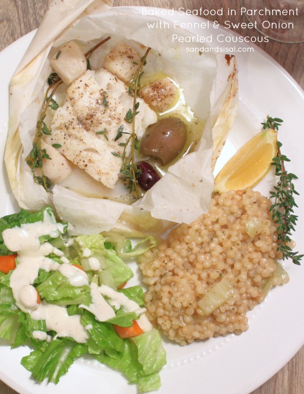 Baked Seafood in Parchment with Fennel and Sweet Onion Pearled Couscous
