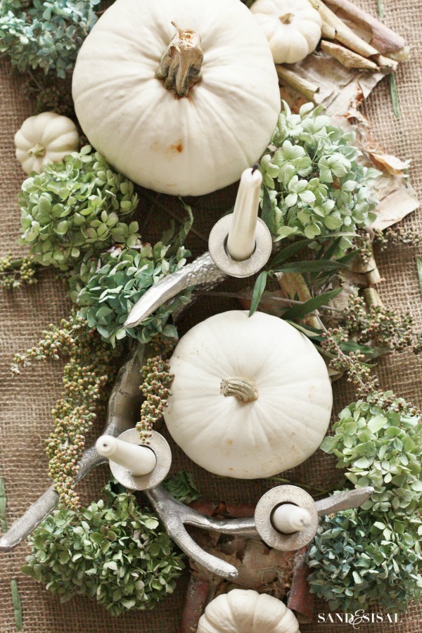 Table Setting for Thanksgiving. Dried Hydrangea Flowers in a Vase, a Small  Pumpkin on a Plate Stock Photo by LeylaCamomile