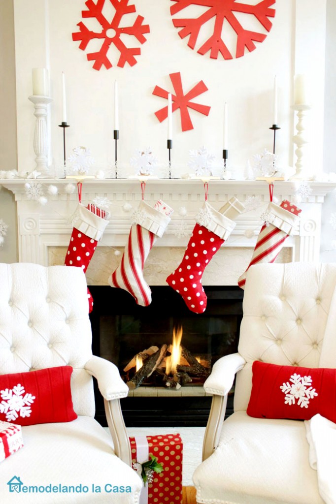 red and white Christmas mantel