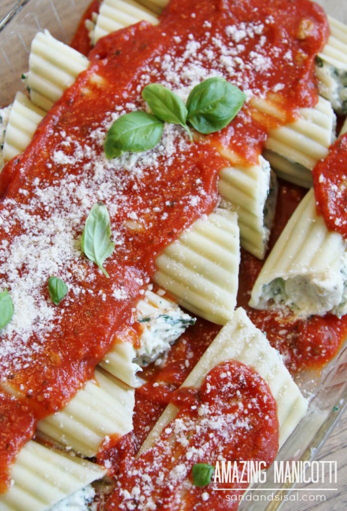 Amazing Manicotti - stuffed with 3 cheeses and spinach. So delish! Makes a great freezer great too!