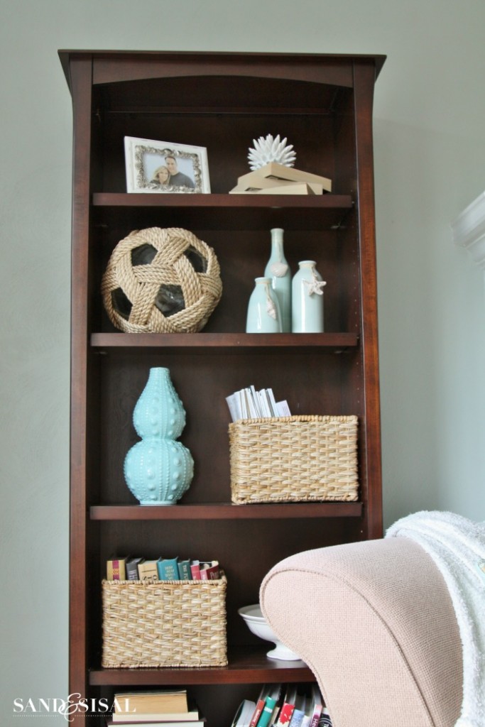 Styling Bookcases - Coastal Bookcase - Glass Floats, rope, turquoise