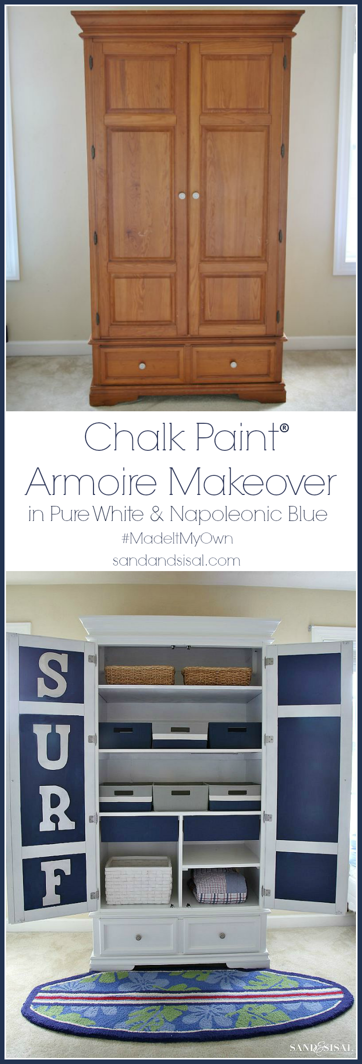 Chalk Paint Armoire Makeover in Pure White and Napoleonic Blue #madeitmyown