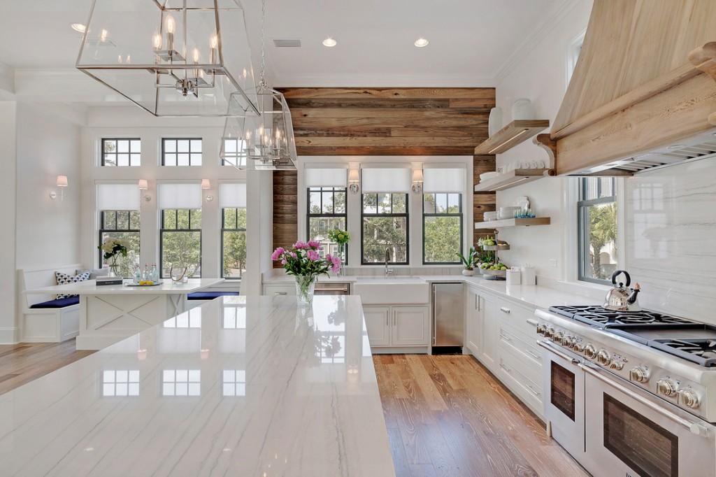 Coastal Kitchen - Old Seagrove Homes - cypress plank wall