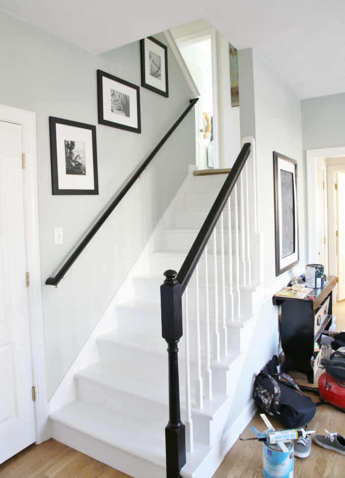 Painted Staircase Remodel - White Painted Stairs with Black Stained Railings