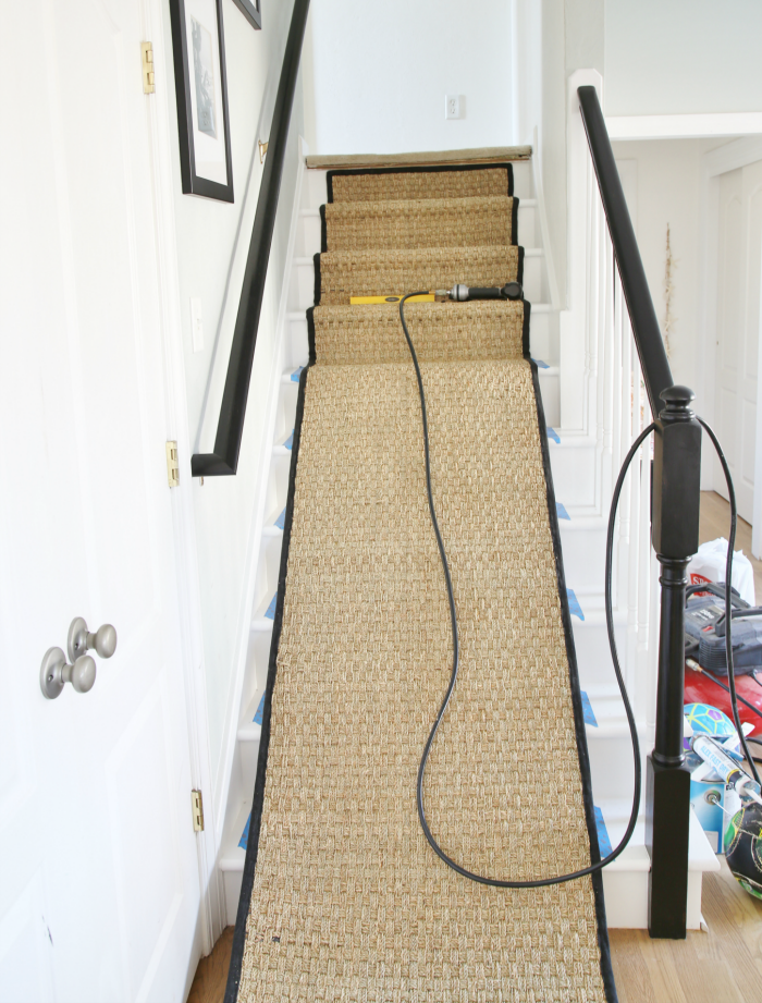 White Painted Staircase Makeover with Seagrass Stair Runner Tutorial