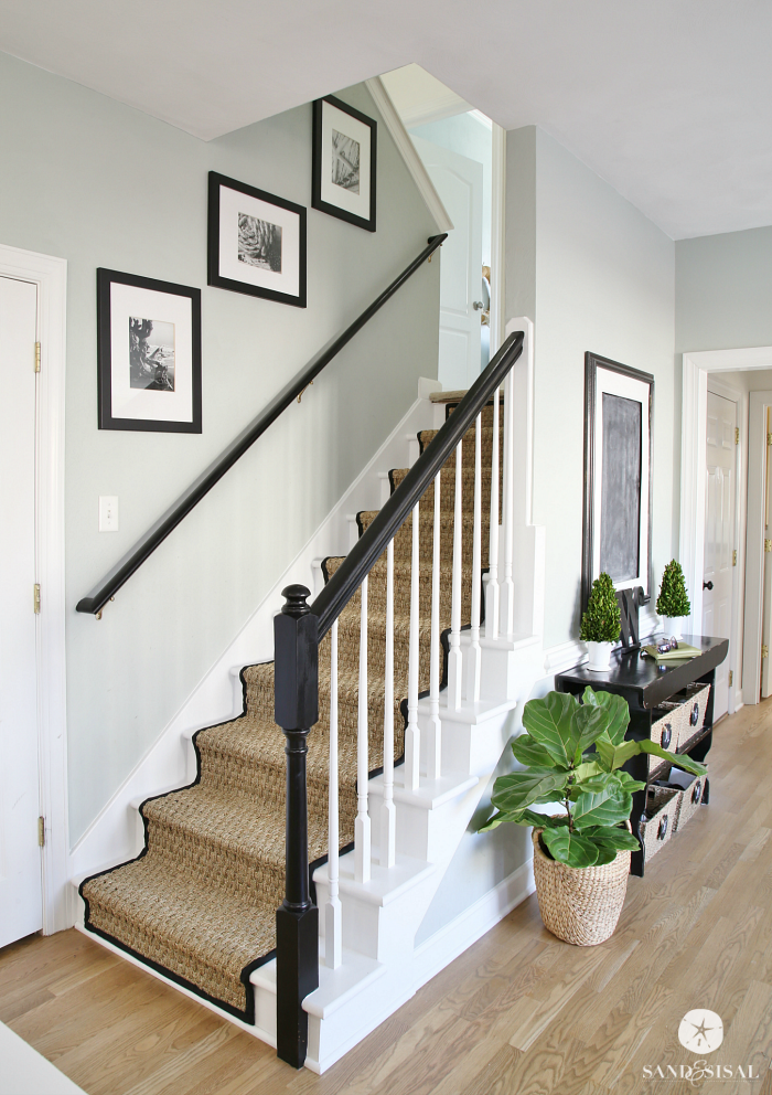 White Painted Staircase Makeover with Seagrass Stair Runner