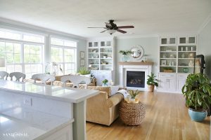 Coastal Familyroom - White Builtin Bookshelves