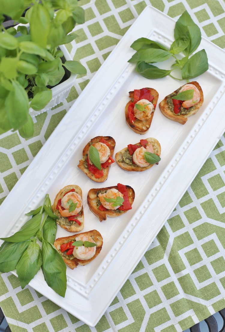 Grilled Shrimp Crostini with Roasted Red Pepper and Pesto. A quick and easy appetizer.