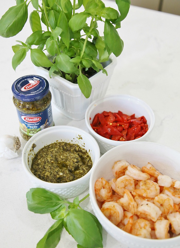 Ingredients for Pesto Pasta with Grilled Shrimp and Roasted Red Peppers