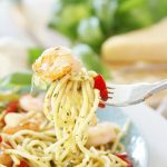 Pesto Pasta with Grilled Shrimp and Roasted Red Peppers