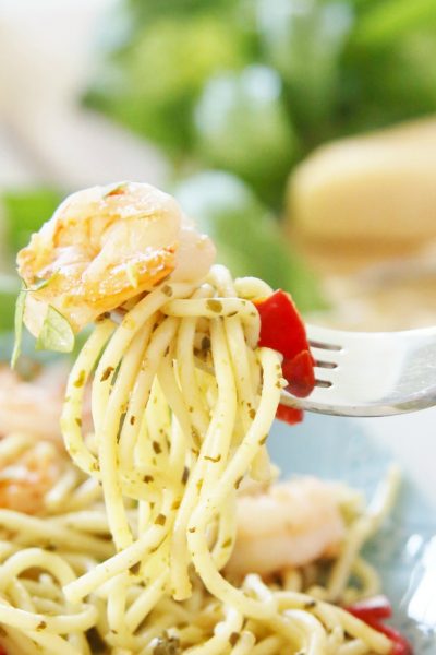 Pesto Pasta with Grilled Shrimp and Roasted Red Peppers