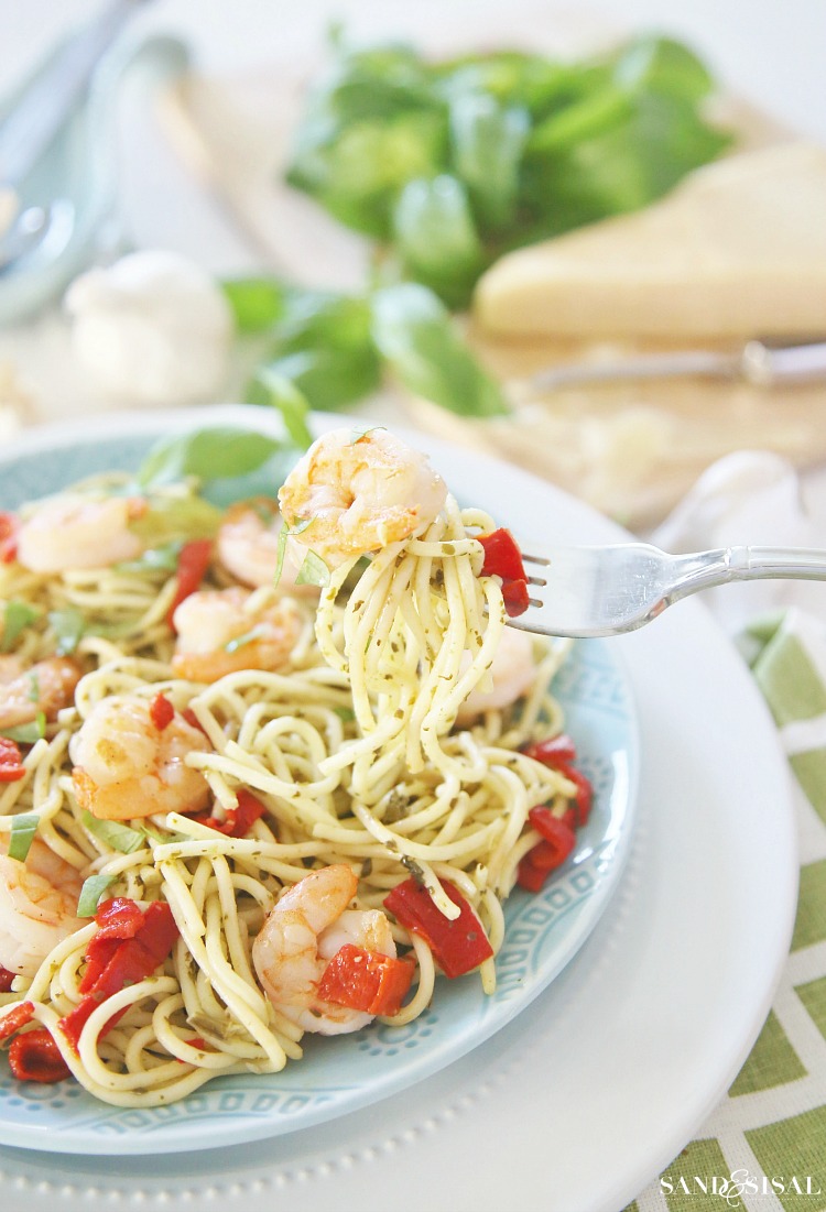 Pesto Pasta with Grilled Shrimp and Roasted Red Peppers