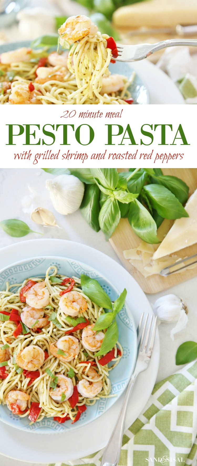 Pesto Pasta with Grilled Shrimp and Roasted Red Peppers - a 20 minute meal
