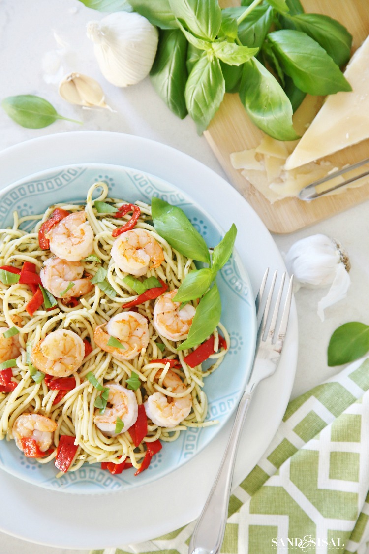 Pesto Pasta with Grilled Shrimp and Roasted Red Peppers