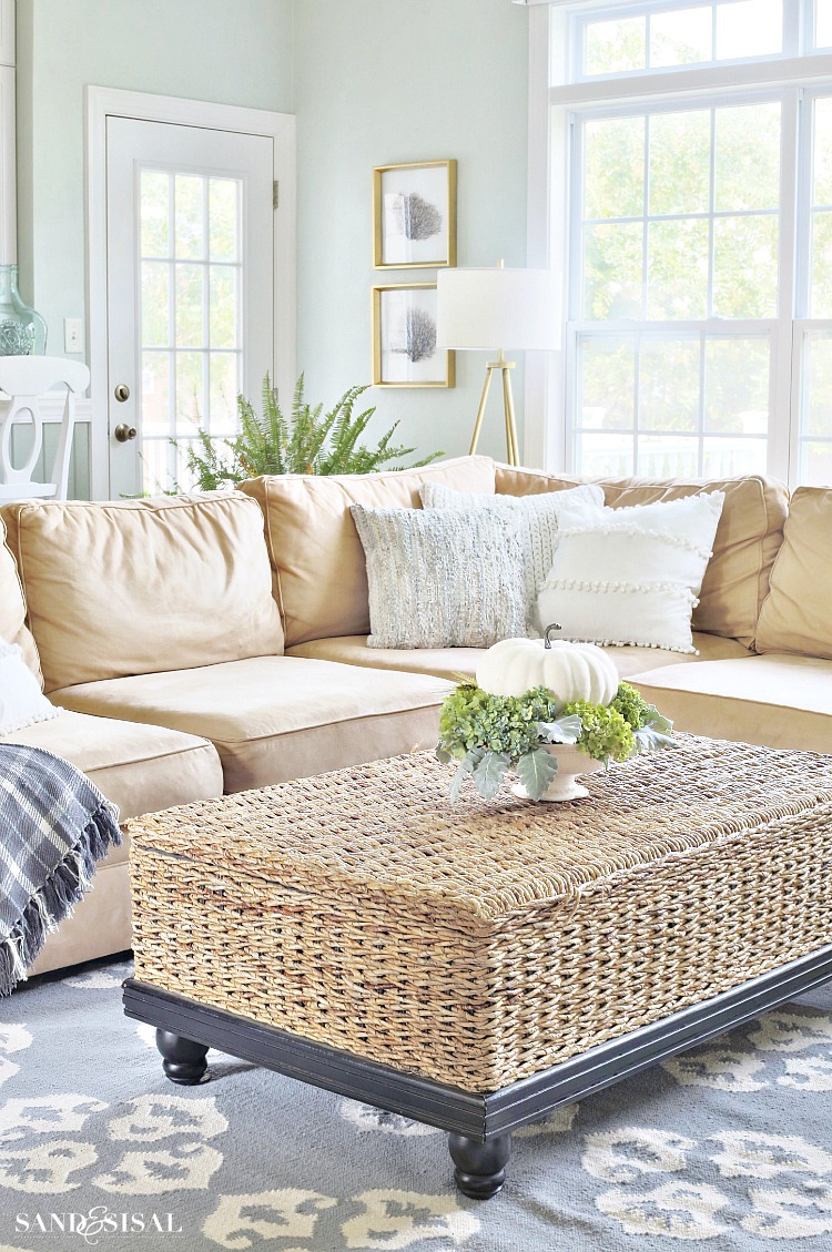 Coastal Family Room Fall Tour with White Pumpkin and hydrangea Fall Centerpiece