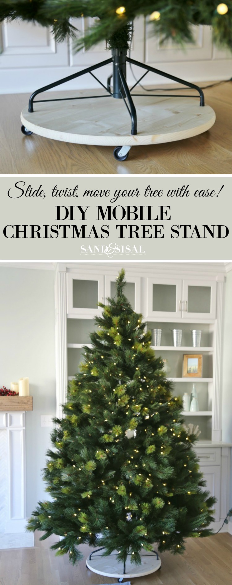 DIY Mobile Christmas Tree Stand. Slide, twist, or move your tree with ease with this simple and inexpensive project. 