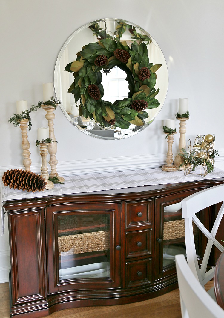 magnolia-wreath-wood-candle-pillars-buffet-table