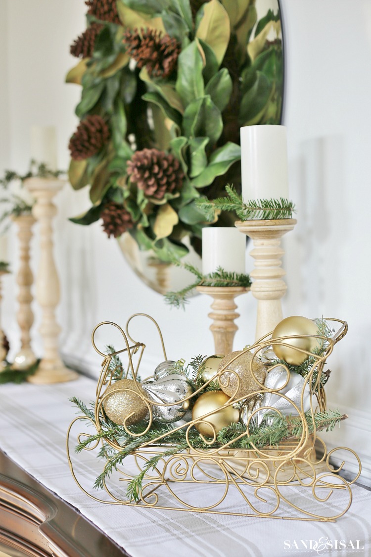 silver-and-gold-christmas-decorations with magnolia wreath