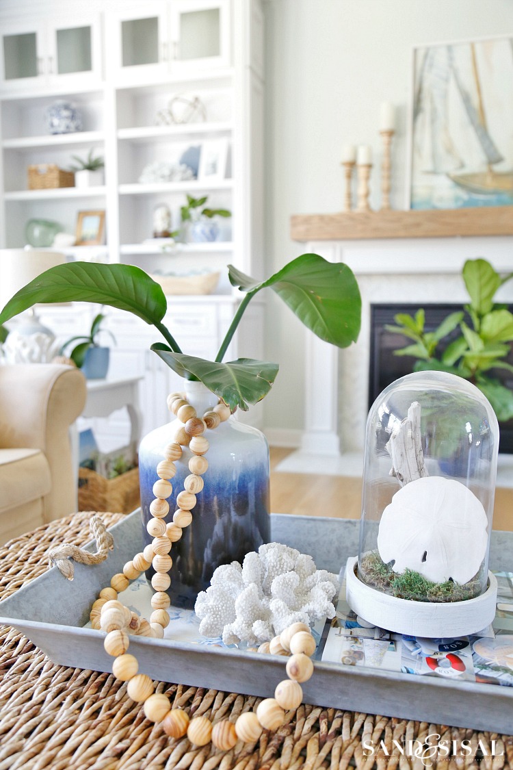 Coastal Decor - Wood Bead Strand - Escape to the sea with this summer blues coastal family room tour! Get easy coastal decorating ideas to transform your home into a chic coastal retreat. Complete with product source links! 