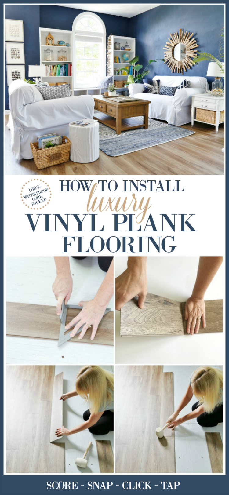 How to Install Luxury Vinyl Plank Flooring. This 100% waterproof, cork backed flooring is easy to install for a DIY-er, requires no nails or glue, and has a lifetime warranty!