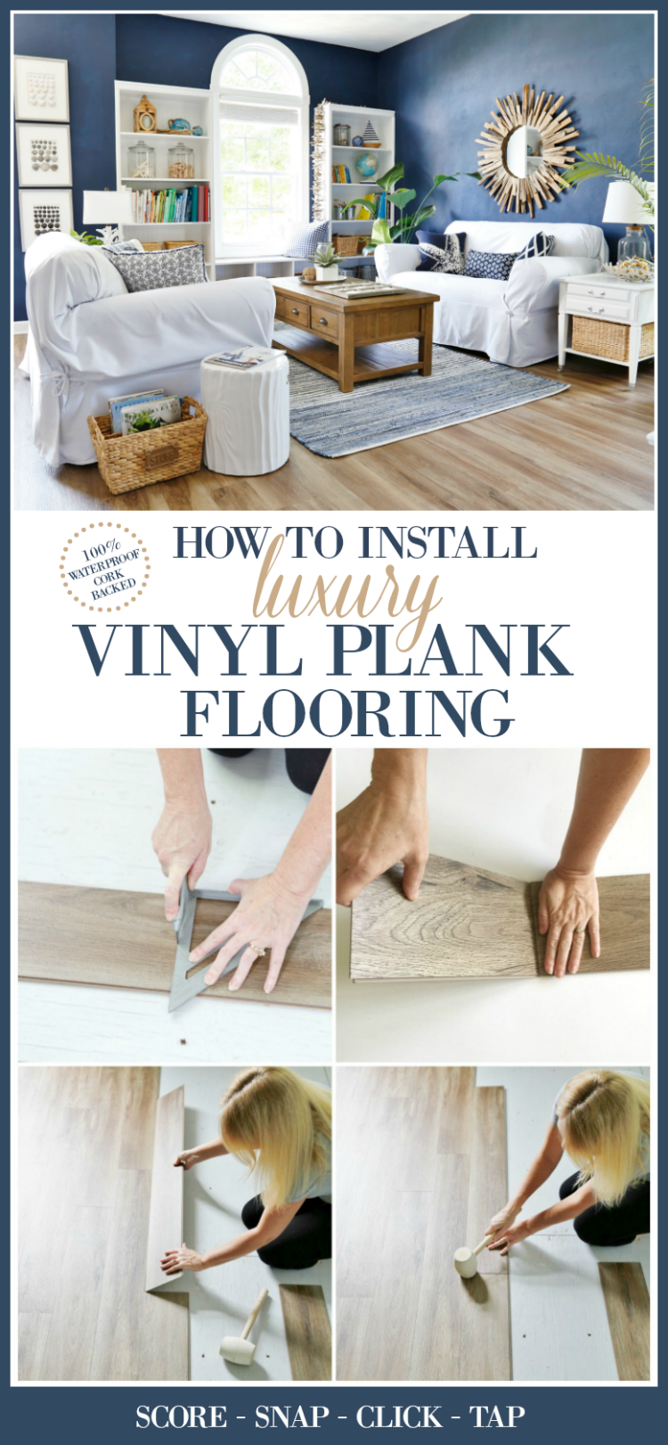 How to Install Luxury Vinyl Plank Flooring. This 100% waterproof, cork backed flooring is easy to install for a DIY-er, requires no nails or glue, and has a lifetime warranty! 