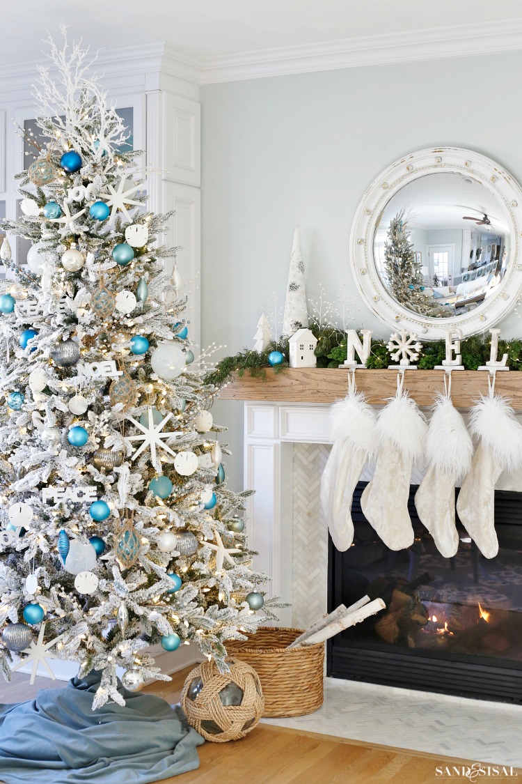 Coastal White Christmas Tree and Mantel and family room tour. #coastalchristmas #coastal #whiteChristmas #ChristmasTree #CoastalChristmasTree #sandandsisal