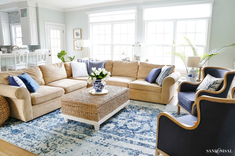 Blue and White Coastal Family Room 