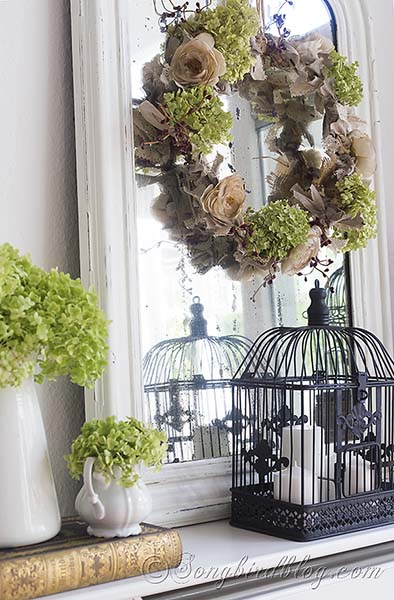 all_mantel_decoration_French_mirror_wreath_hydrangea_flowers_bird_cage