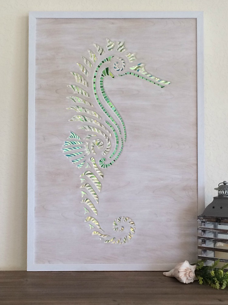 Seahorse glass and wood mosaic art