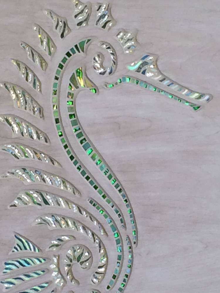 Wood and Glass Mosaic Custom Cabinet Panels - Seahorse Detailed