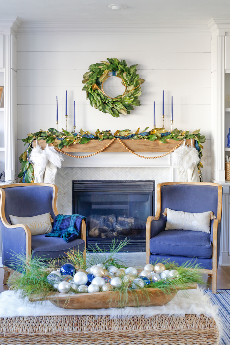 BLUE + GREEN CHRISTMAS TREE AND MANTEL